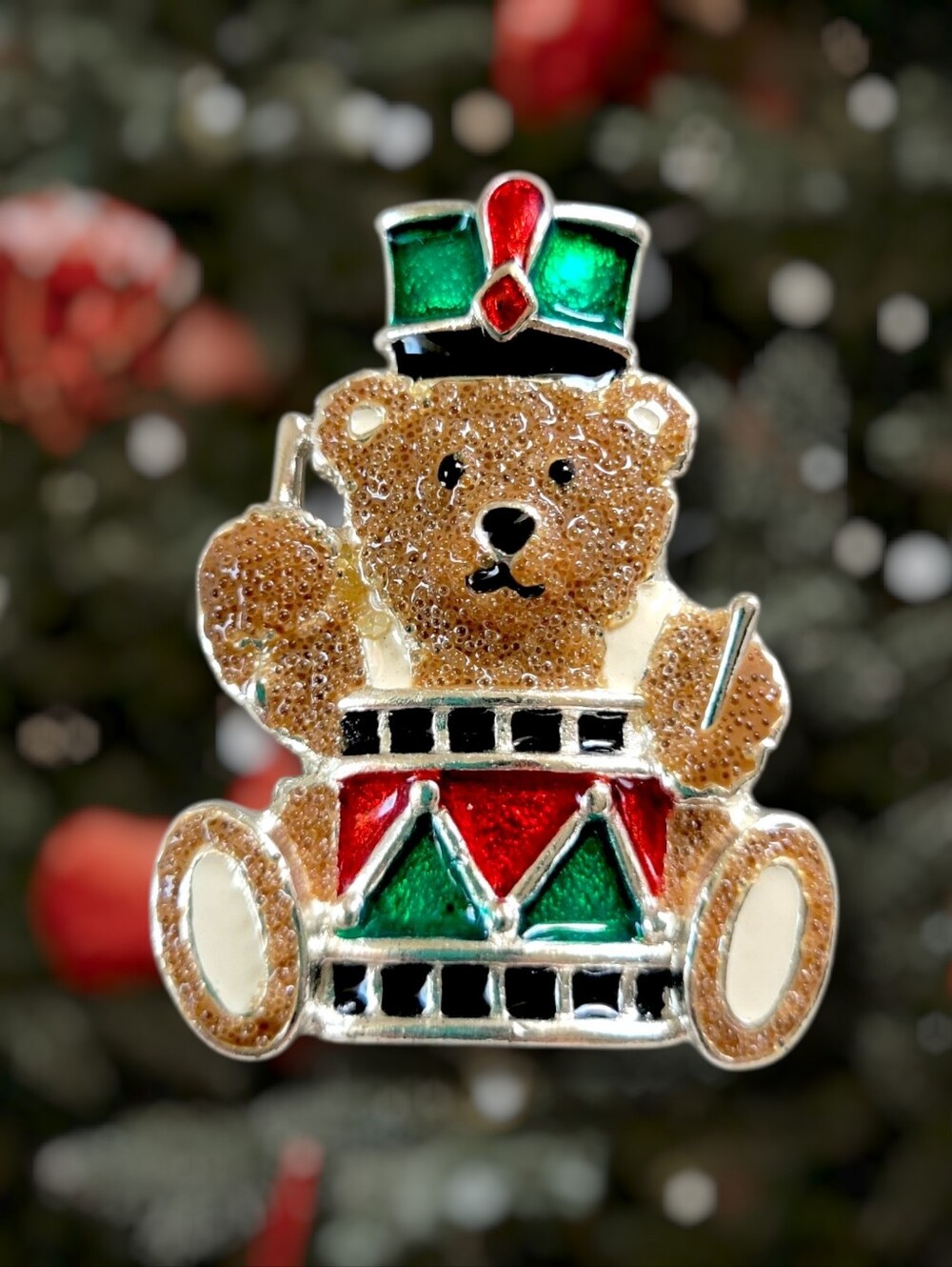 VTG Festive Teddy Bear Drummer Holiday Brooch Pin